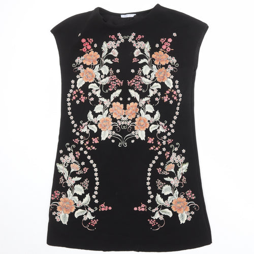 Zara Womens Black Floral Polyester Shirt Dress Size S Round Neck Pullover