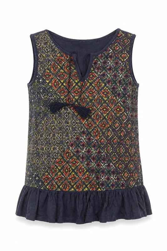 Front view of Next women’s multicoloured geometric 100% cotton basic tank, size UK 10, v-neck