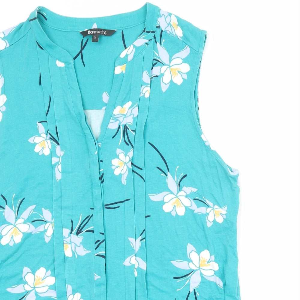 Bonmarché Womens Blue Floral Viscose Basic Tank Size 20 V-Neck