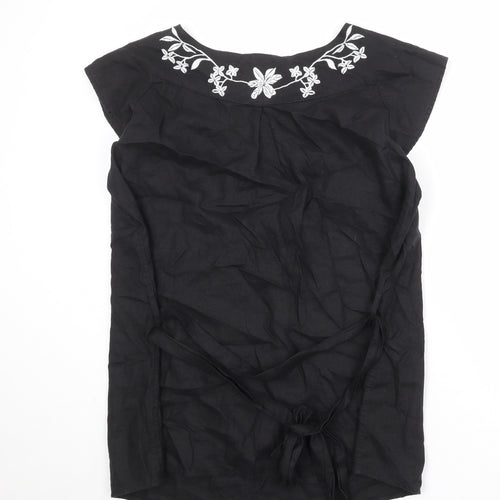 Marks and Spencer Womens Black Linen Basic Blouse Size 22 Round Neck - Flower Detail