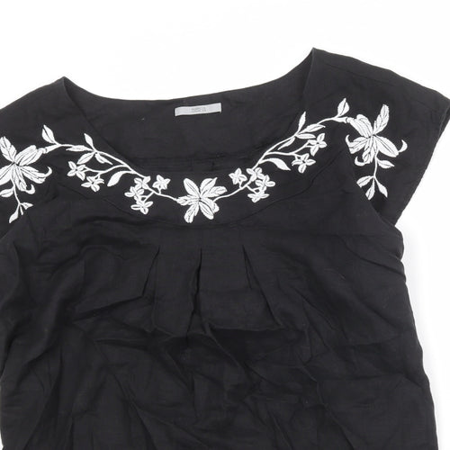 Marks and Spencer Womens Black Linen Basic Blouse Size 22 Round Neck - Flower Detail