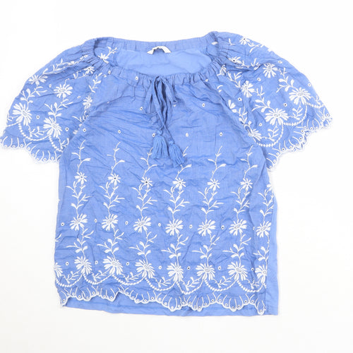 NEXT Womens Blue 100% Cotton Basic Blouse Size 12 Round Neck - Broderie Anglaise