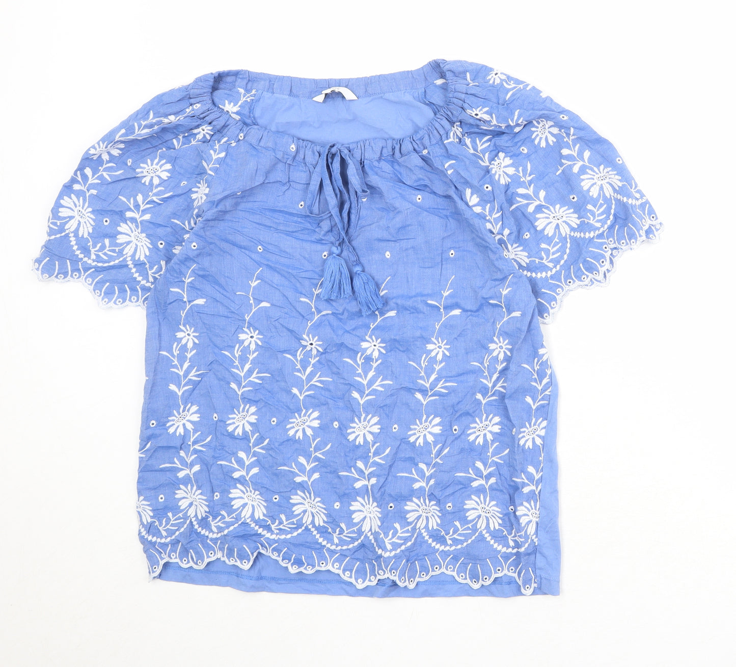 NEXT Womens Blue 100% Cotton Basic Blouse Size 12 Round Neck - Broderie Anglaise