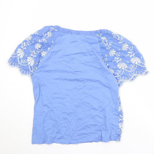 NEXT Womens Blue 100% Cotton Basic Blouse Size 12 Round Neck - Broderie Anglaise