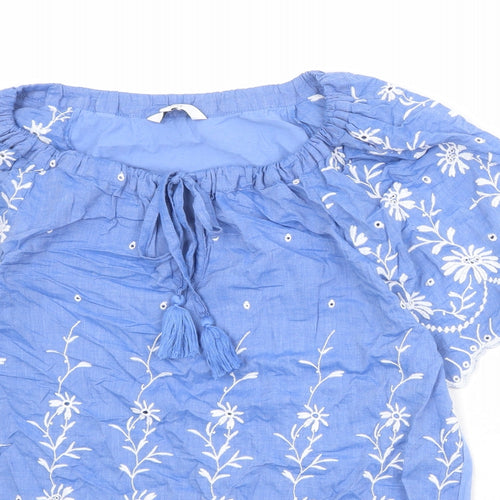 NEXT Womens Blue 100% Cotton Basic Blouse Size 12 Round Neck - Broderie Anglaise