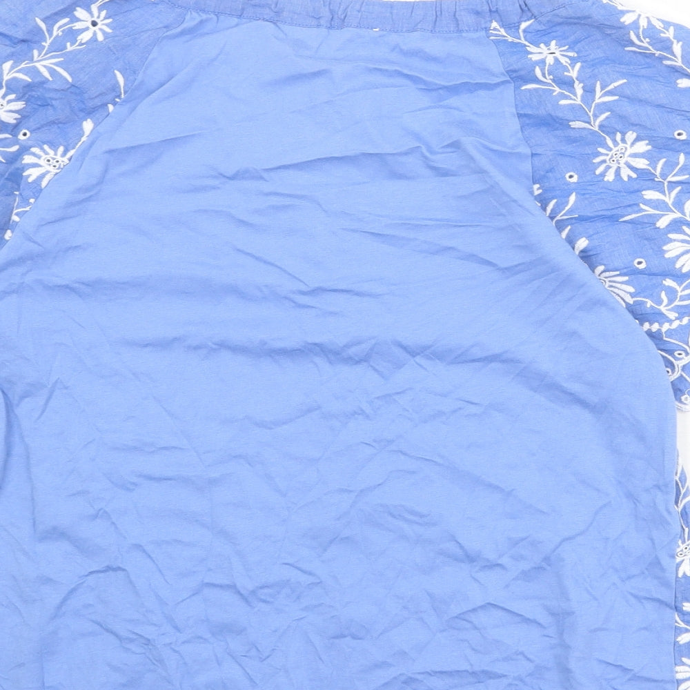 NEXT Womens Blue 100% Cotton Basic Blouse Size 12 Round Neck - Broderie Anglaise