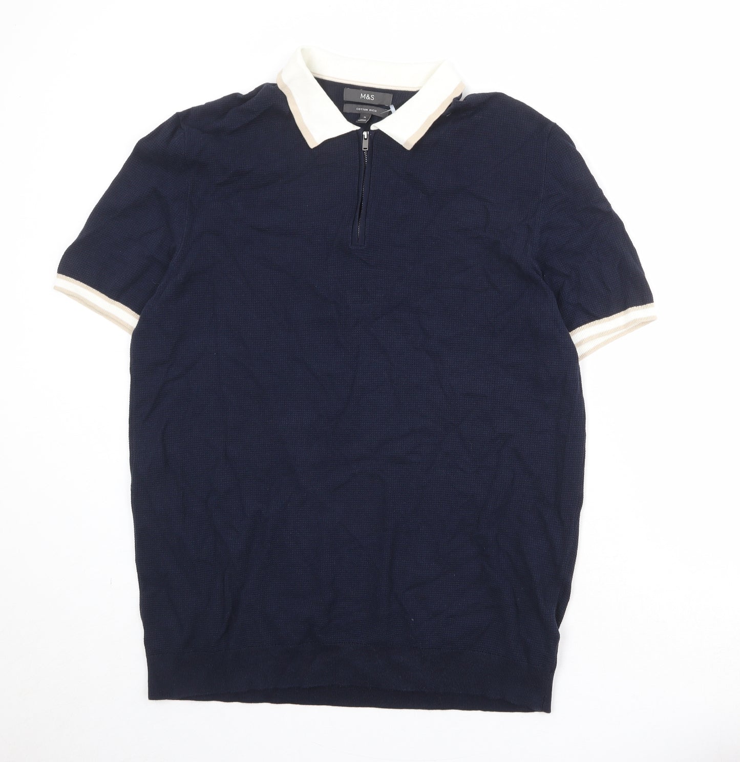 Marks and Spencer Mens Blue Cotton Polo Size XL Collared Zip