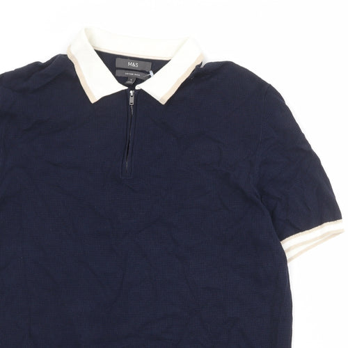 Marks and Spencer Mens Blue Cotton Polo Size XL Collared Zip