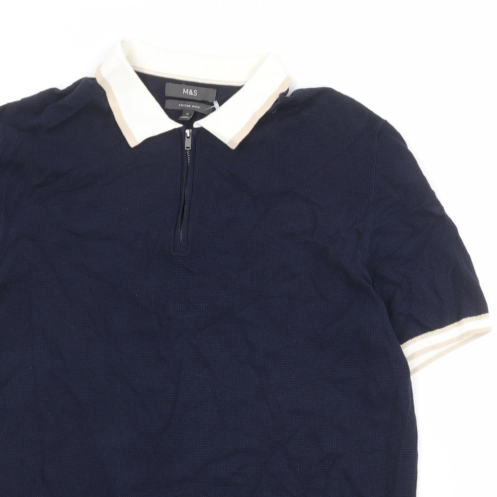 Marks and Spencer Mens Blue Cotton Polo Size XL Collared Zip