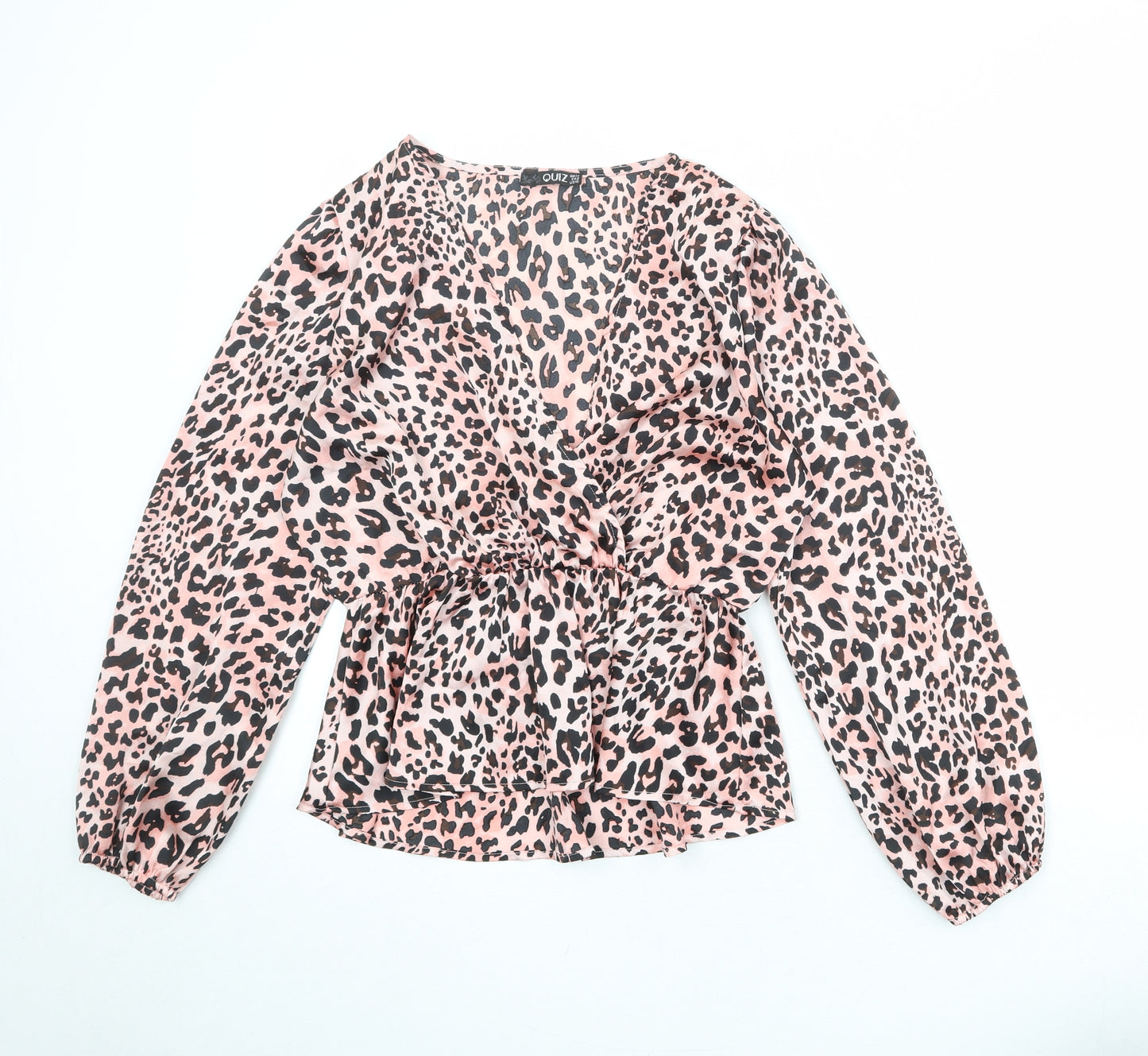Quiz Womens Pink Animal Print Polyester Basic Blouse Size 14 V-Neck - Leopard Print