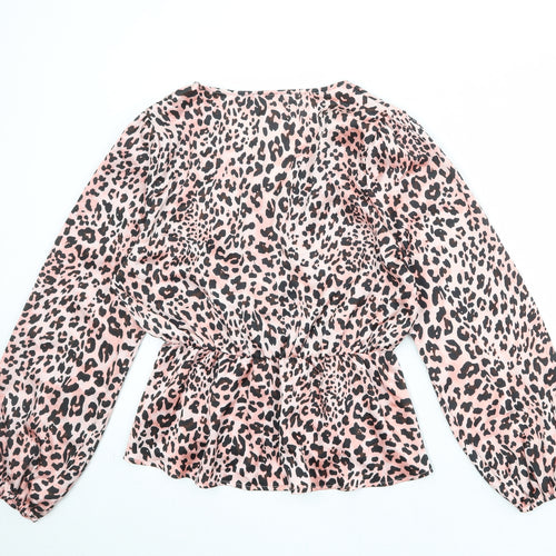 Quiz Womens Pink Animal Print Polyester Basic Blouse Size 14 V-Neck - Leopard Print