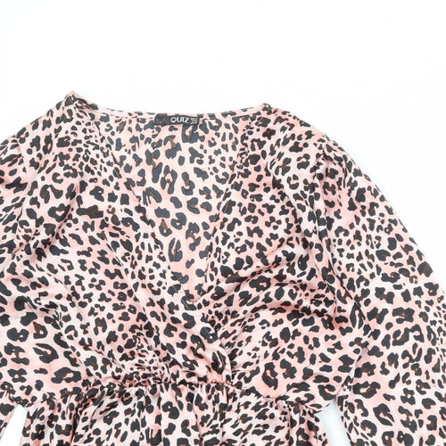 Quiz Womens Pink Animal Print Polyester Basic Blouse Size 14 V-Neck - Leopard Print