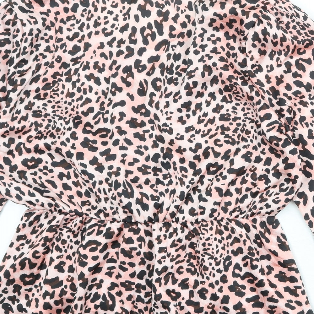 Quiz Womens Pink Animal Print Polyester Basic Blouse Size 14 V-Neck - Leopard Print