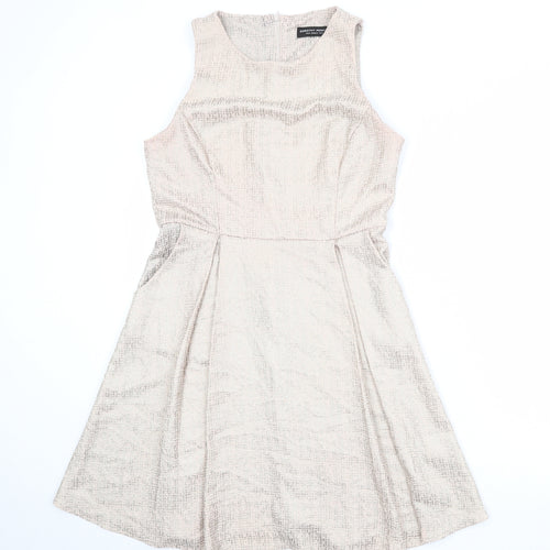 Dorothy Perkins Womens Beige Polyester Skater Dress Size 14 Round Neck Zip