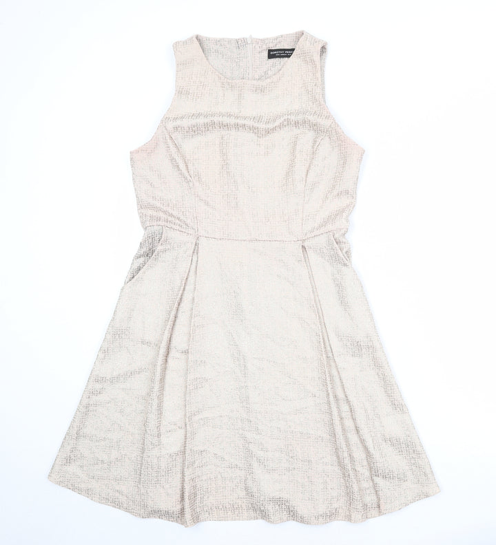 Dorothy Perkins Womens Beige Polyester Skater Dress Size 14 Round Neck Zip