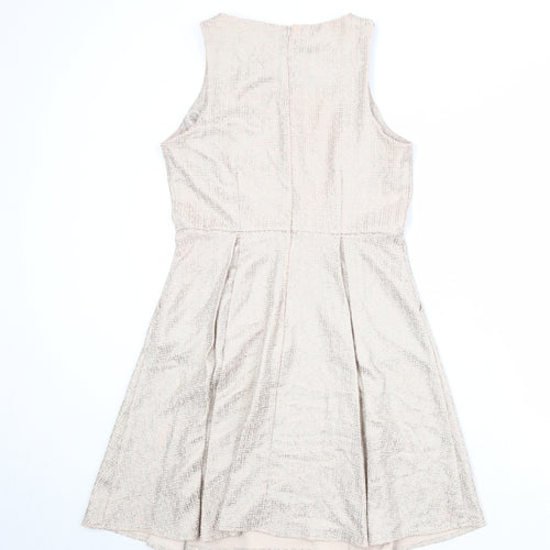 Dorothy Perkins Womens Beige Polyester Skater Dress Size 14 Round Neck Zip
