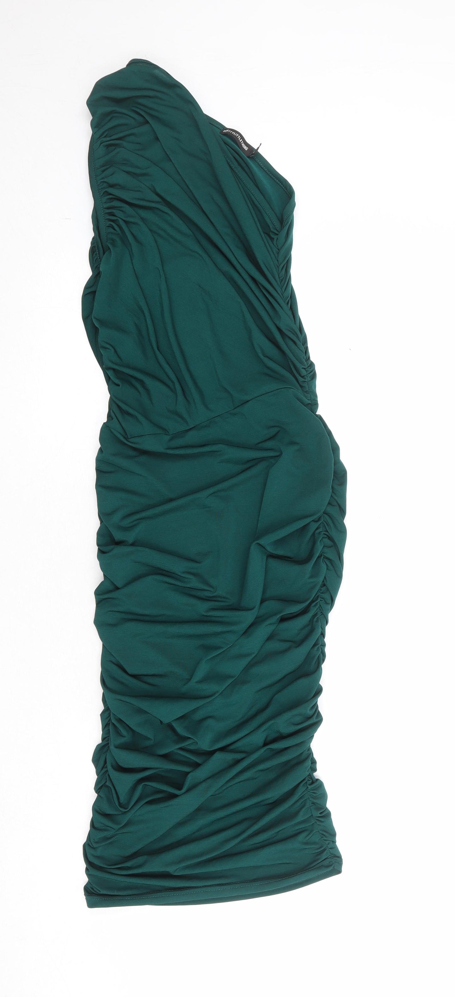 PRETTYLITTLETHING Womens Green Polyester Bodycon Size 8 Off the Shoulder Pullover - Asymmetric Neckline