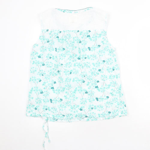 MANTARAY PRODUCTS Womens White Floral 100% Cotton Basic Blouse Size 16 V-Neck - Tie Front Detail