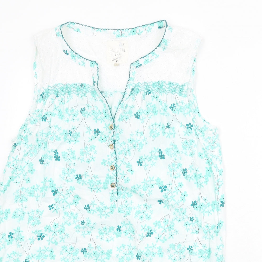 MANTARAY PRODUCTS Womens White Floral 100% Cotton Basic Blouse Size 16 V-Neck - Tie Front Detail