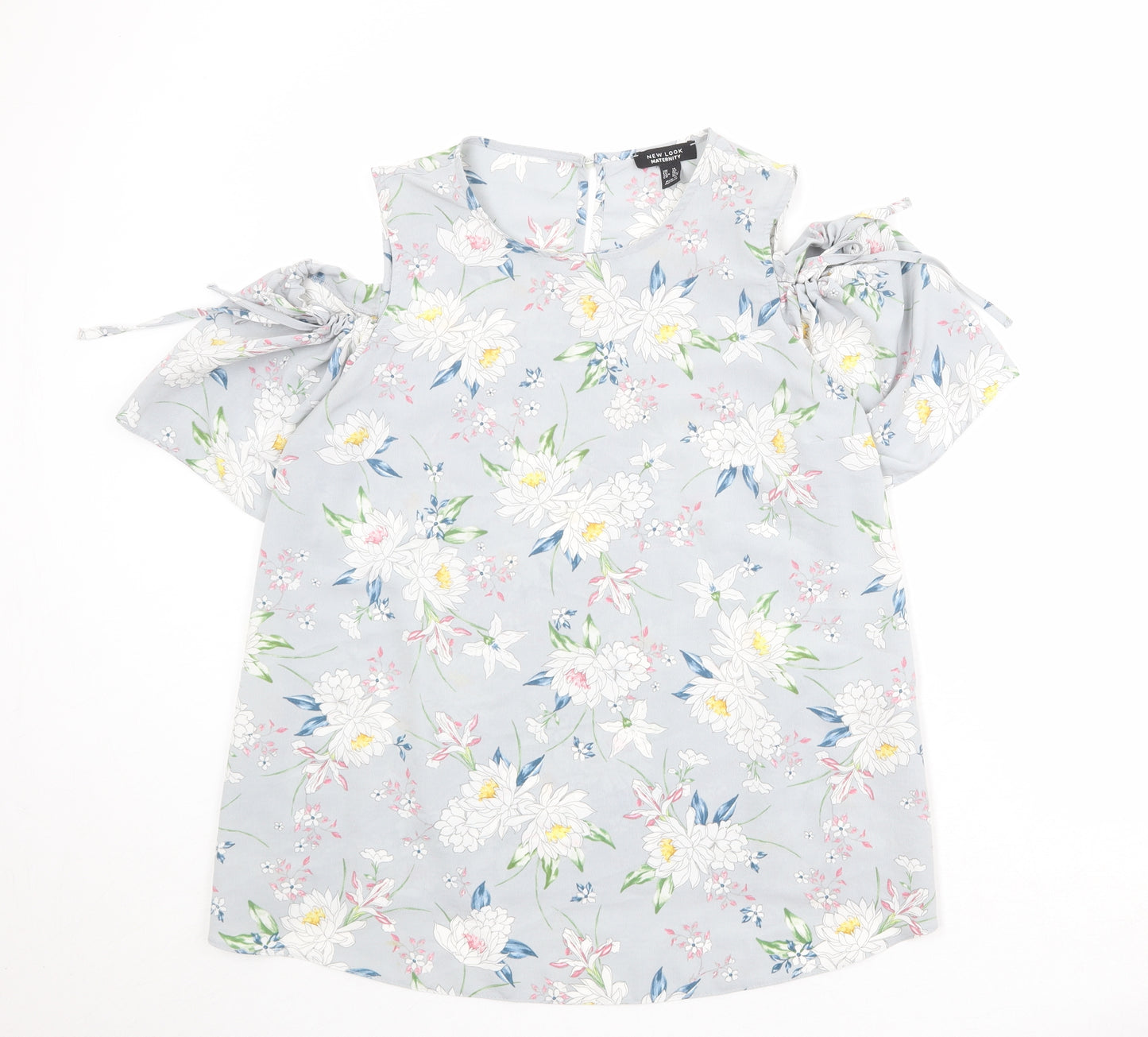 New Look Womens Grey Floral Polyester Basic Blouse Size 14 Boat Neck - Cold Shoulder
