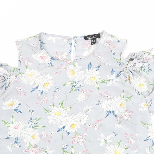 New Look Womens Grey Floral Polyester Basic Blouse Size 14 Boat Neck - Cold Shoulder