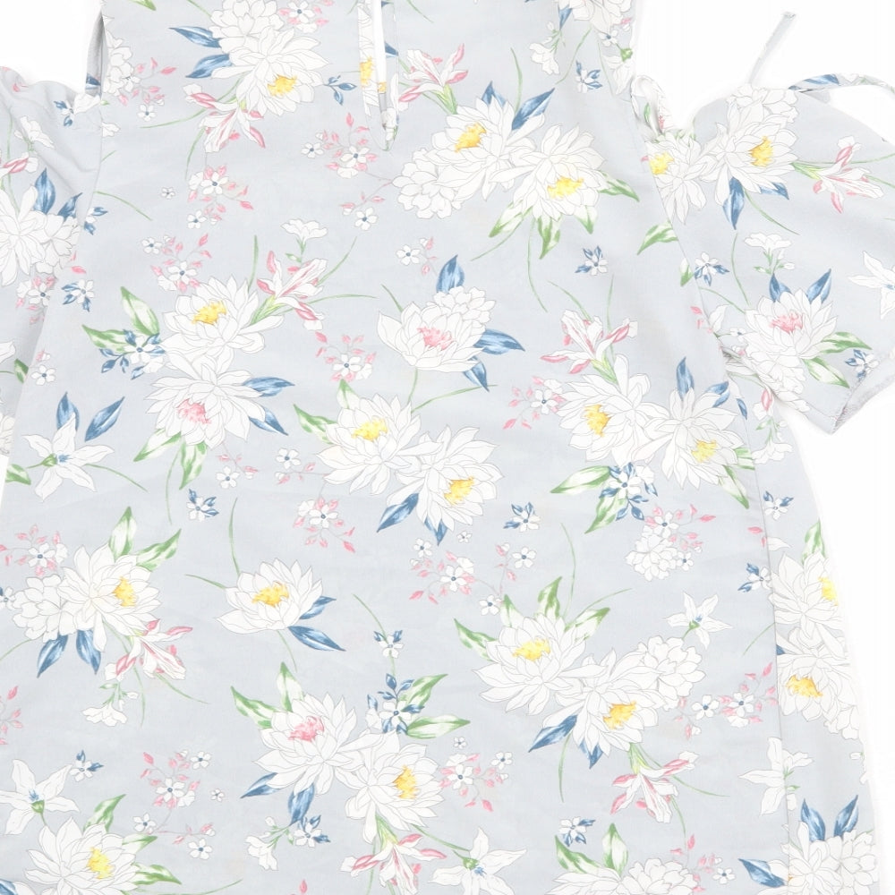 New Look Womens Grey Floral Polyester Basic Blouse Size 14 Boat Neck - Cold Shoulder