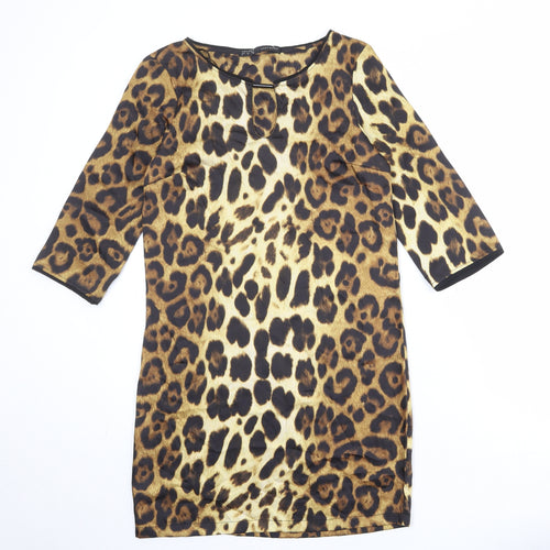 Zara Womens Brown Animal Print Polyester A-Line Size S Round Neck Pullover - Leopard Pattern