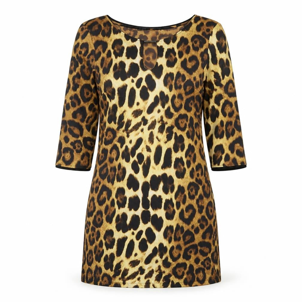 Front view of Zara women’s brown animal print polyester a-line, size S, round neck pullover - leopard pattern
