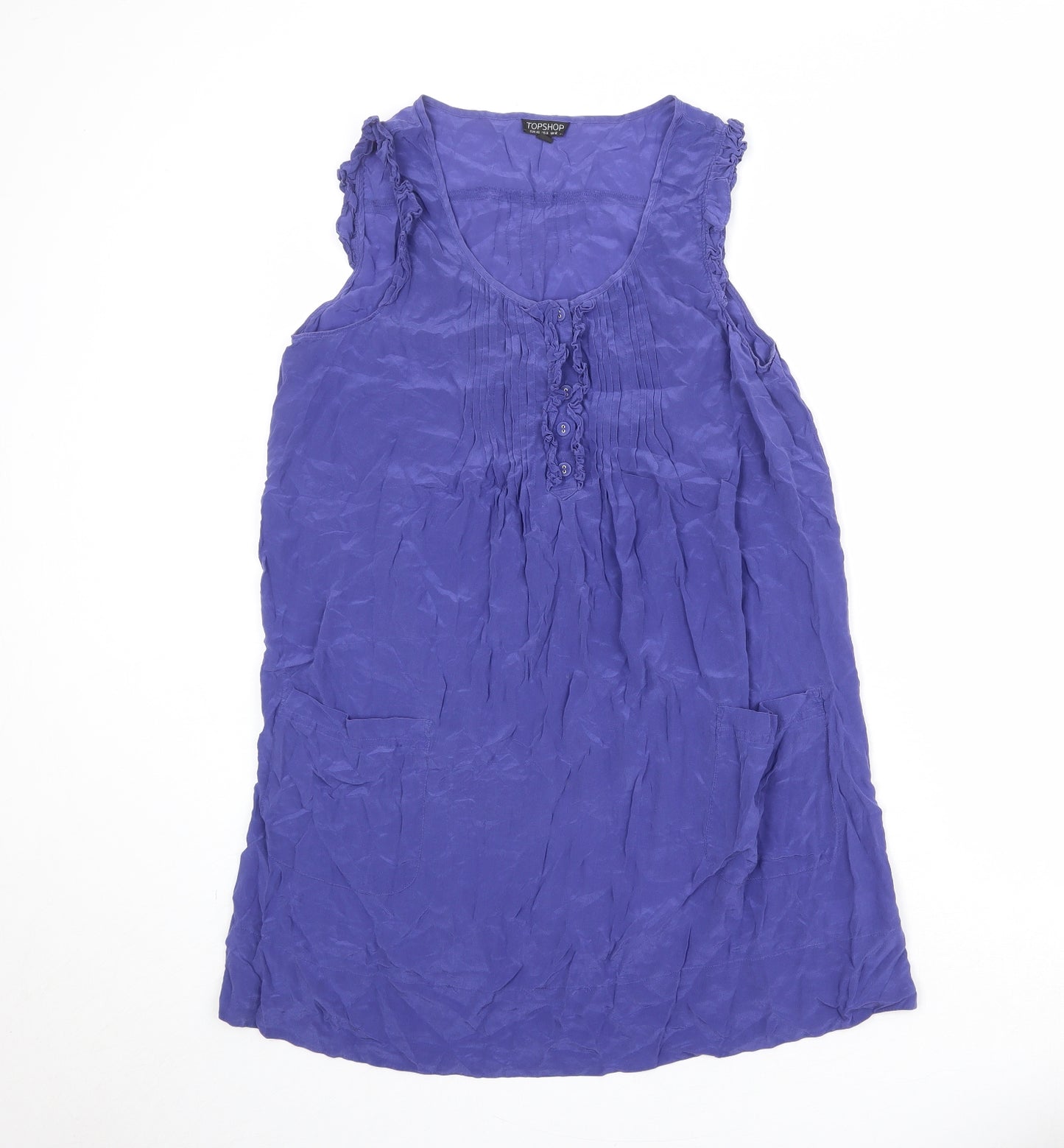 Topshop Womens Blue Silk A-Line Size 12 Round Neck Button