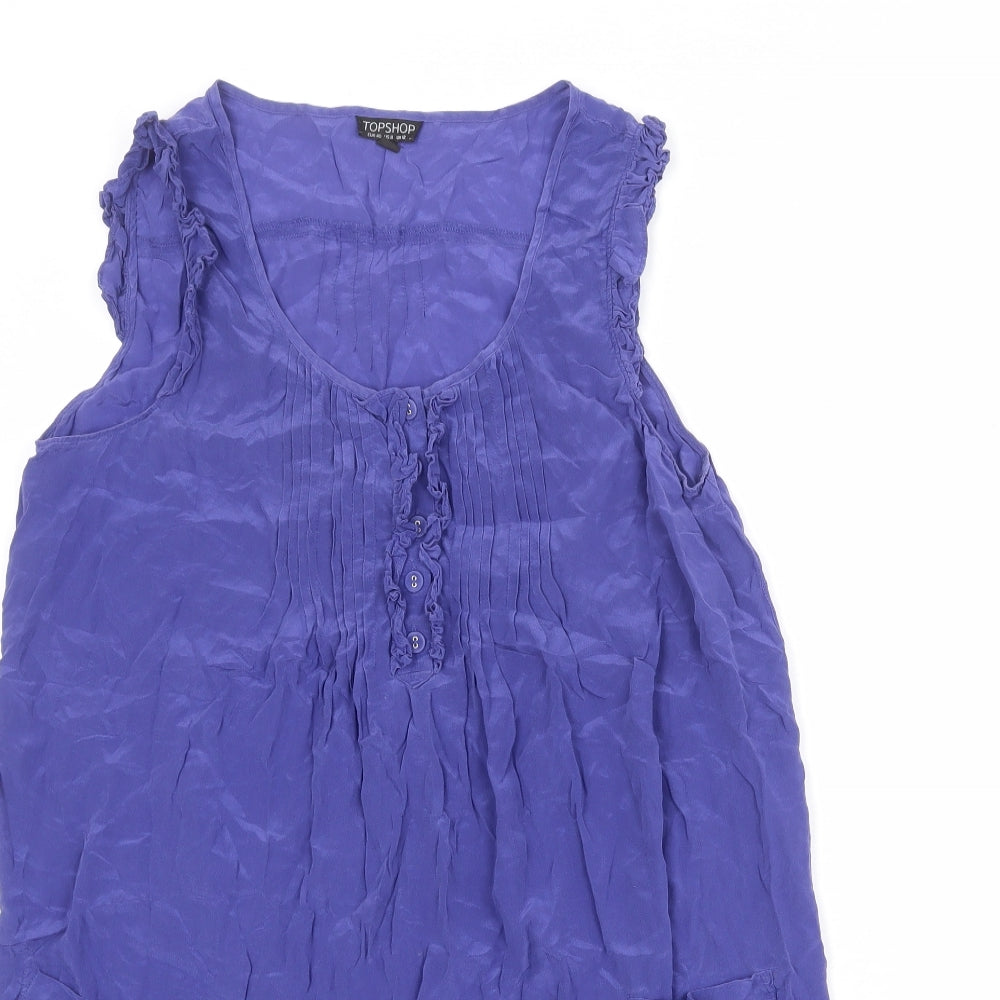Topshop Womens Blue Silk A-Line Size 12 Round Neck Button