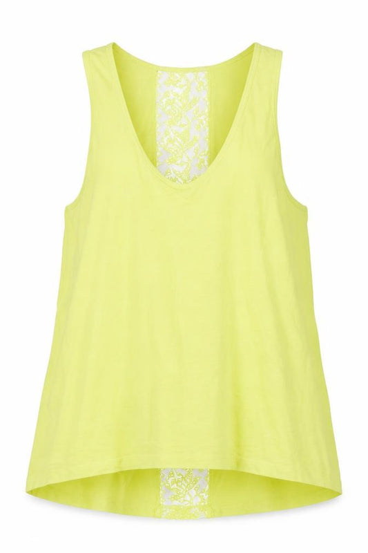 Front view of Zara women’s yellow cotton basic tank, size M, scoop neck - lace detail