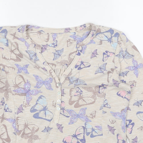 M&Co Womens Beige Geometric Polyester Basic Blouse Size 12 V-Neck - Butterfly Pattern