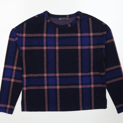 Marks and Spencer Womens Blue Round Neck Check Polyester Pullover Jumper Size 8