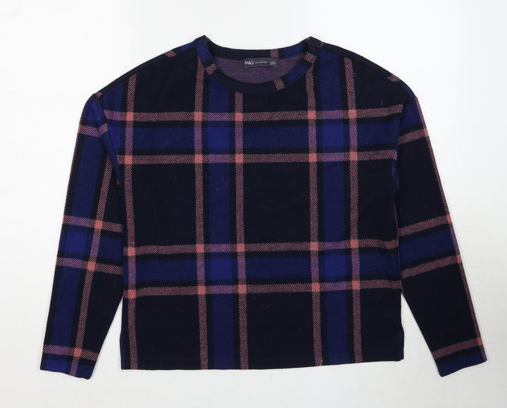 Marks and Spencer Womens Blue Round Neck Check Polyester Pullover Jumper Size 8