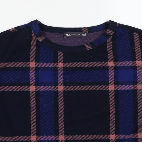 Marks and Spencer Womens Blue Round Neck Check Polyester Pullover Jumper Size 8