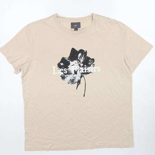 H&M Mens Beige Cotton T-Shirt Size M Round Neck - Les Plaisirs