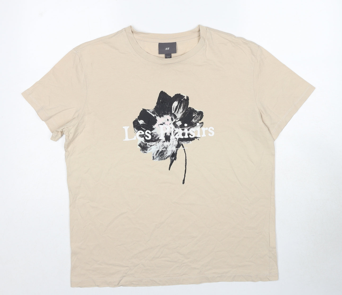 H&M Mens Beige Cotton T-Shirt Size M Round Neck - Les Plaisirs