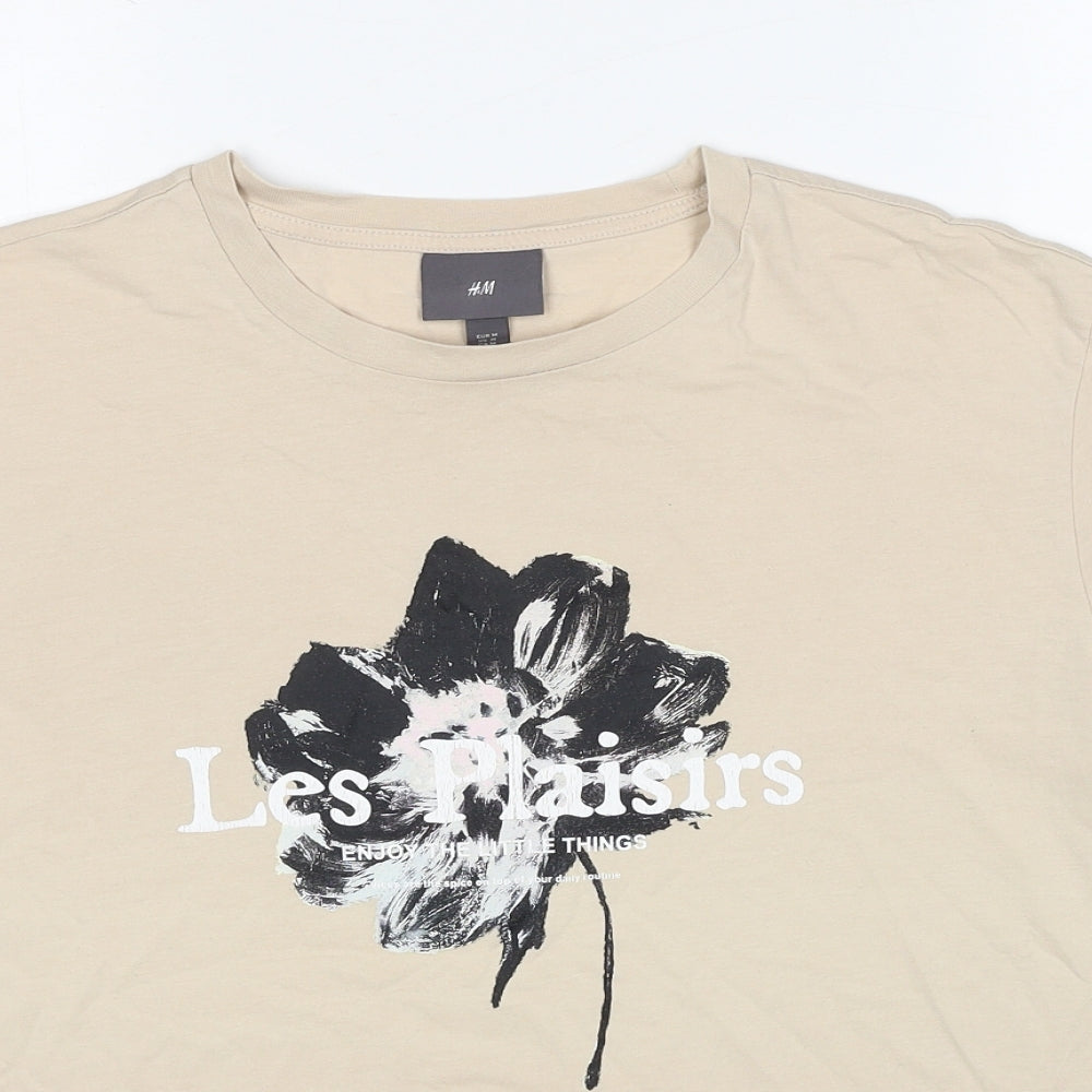 H&M Mens Beige Cotton T-Shirt Size M Round Neck - Les Plaisirs