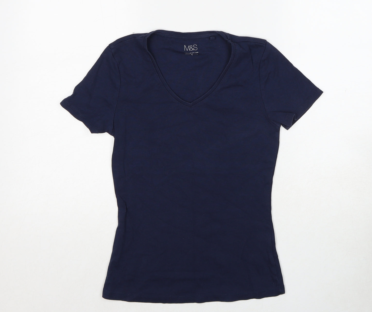 Marks and Spencer Womens Blue Cotton Basic T-Shirt Size 10 V-Neck