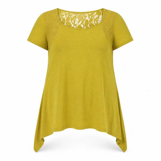 Front view of Bonmarché women’s yellow cotton basic t-shirt, size UK 14, scoop neck - asymmetric lace detail