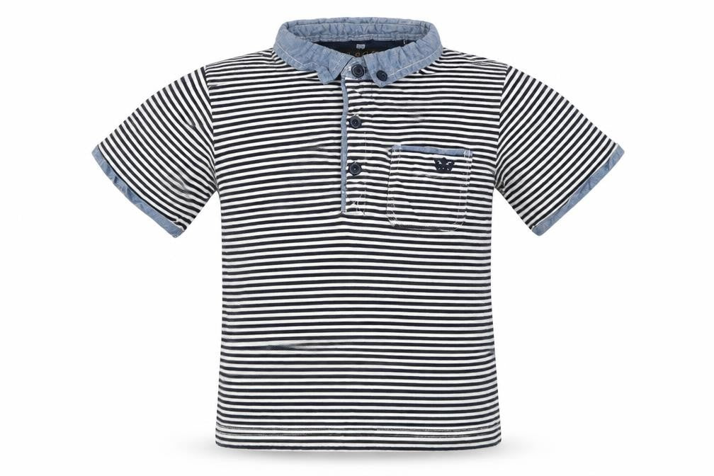 Front view of Soul & Glory boys’ black striped cotton basic polo, size 7-8, years collared pullover
