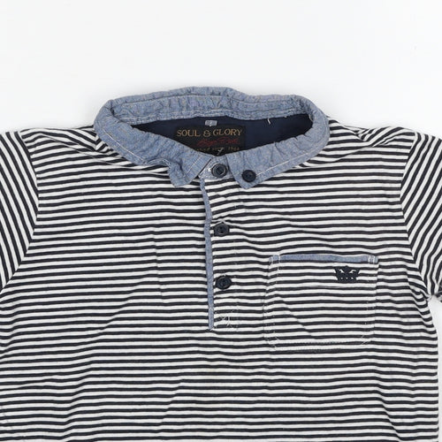 Soul & Glory Boys Black Striped Cotton Basic Polo Size 7-8 Years Collared Pullover