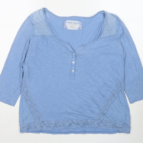 Indigo Womens Blue Cotton Basic Blouse Size 14 V-Neck - Lace Details