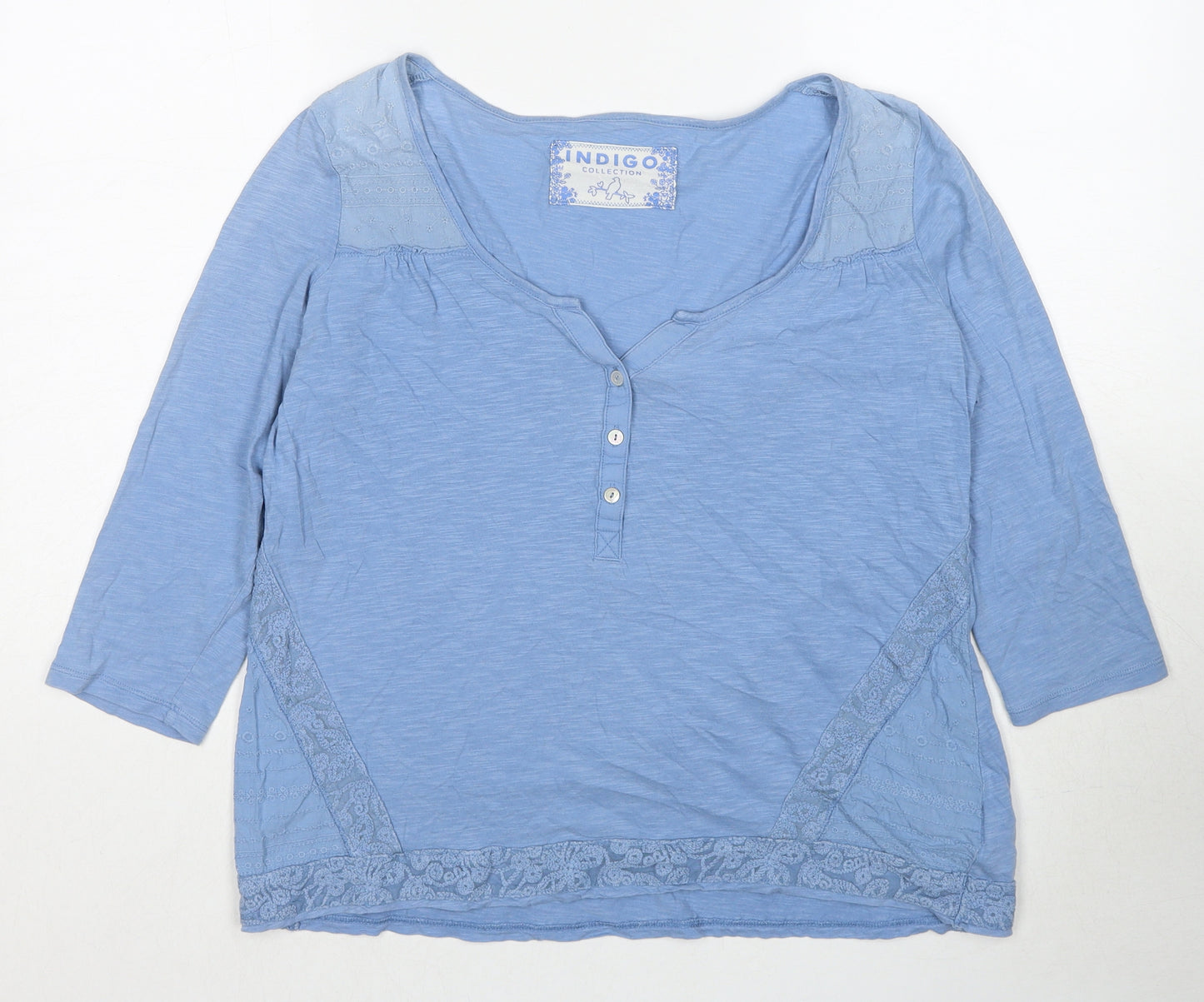 Indigo Womens Blue Cotton Basic Blouse Size 14 V-Neck - Lace Details