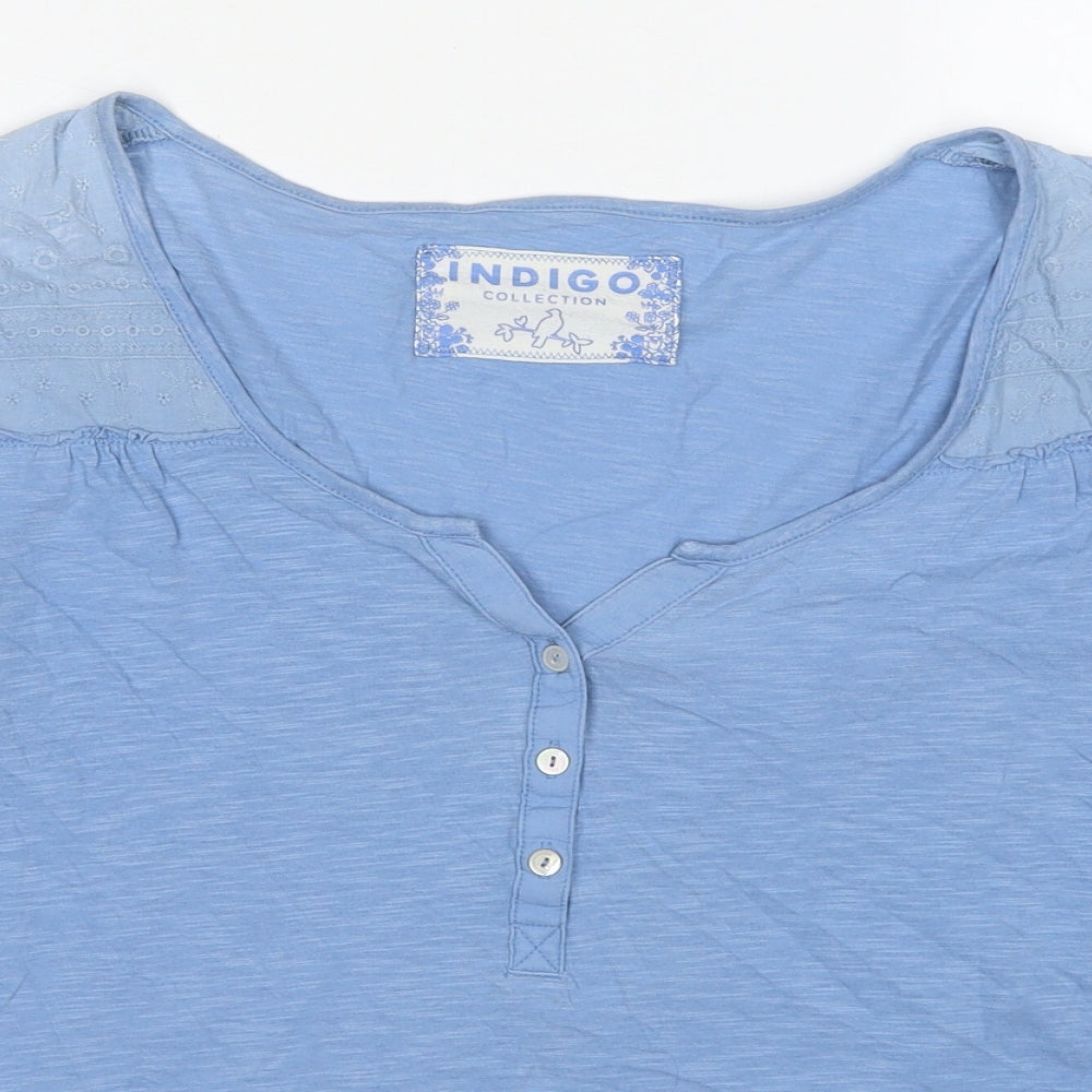 Indigo Womens Blue Cotton Basic Blouse Size 14 V-Neck - Lace Details