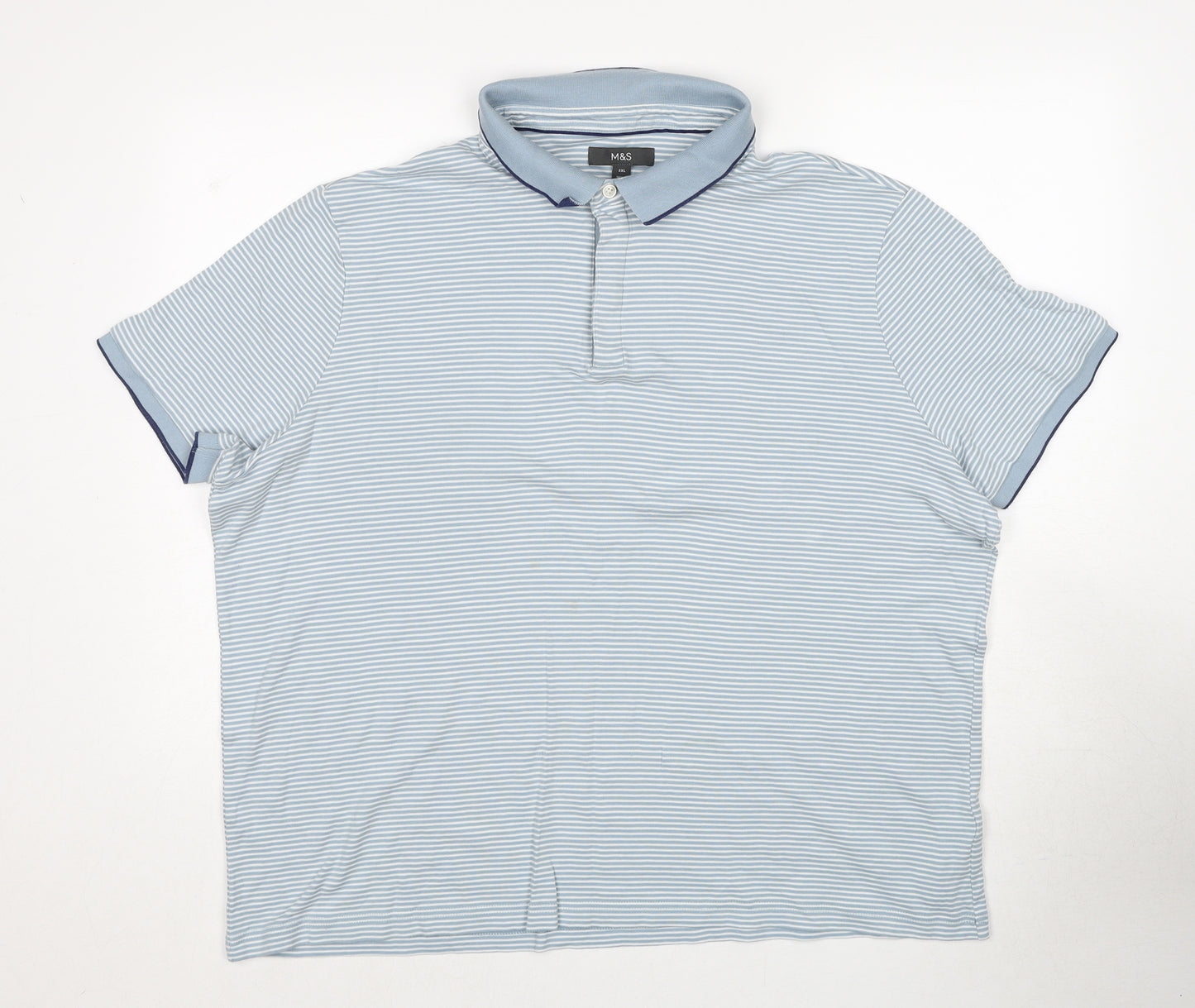 Marks and Spencer Mens Blue Striped Cotton Polo Size 3XL Collared Pullover