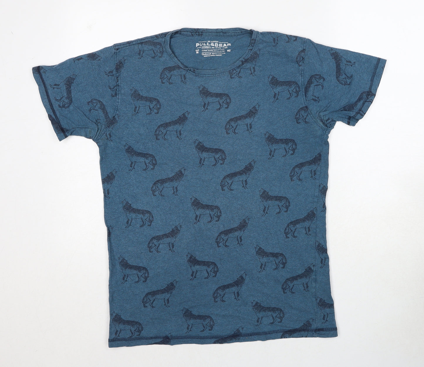Pull&Bear Mens Blue Geometric Cotton T-Shirt Size M Round Neck - Wolf