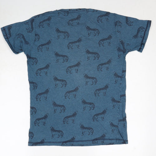 Pull&Bear Mens Blue Geometric Cotton T-Shirt Size M Round Neck - Wolf