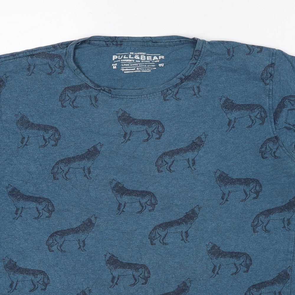 Pull&Bear Mens Blue Geometric Cotton T-Shirt Size M Round Neck - Wolf