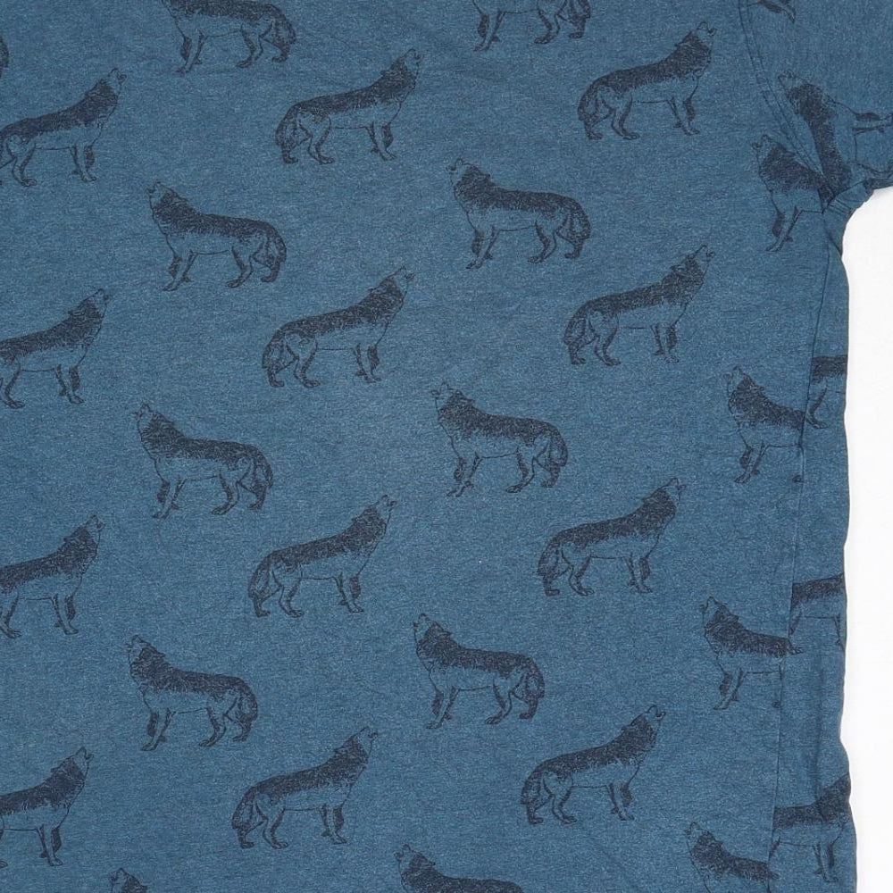 Pull&Bear Mens Blue Geometric Cotton T-Shirt Size M Round Neck - Wolf